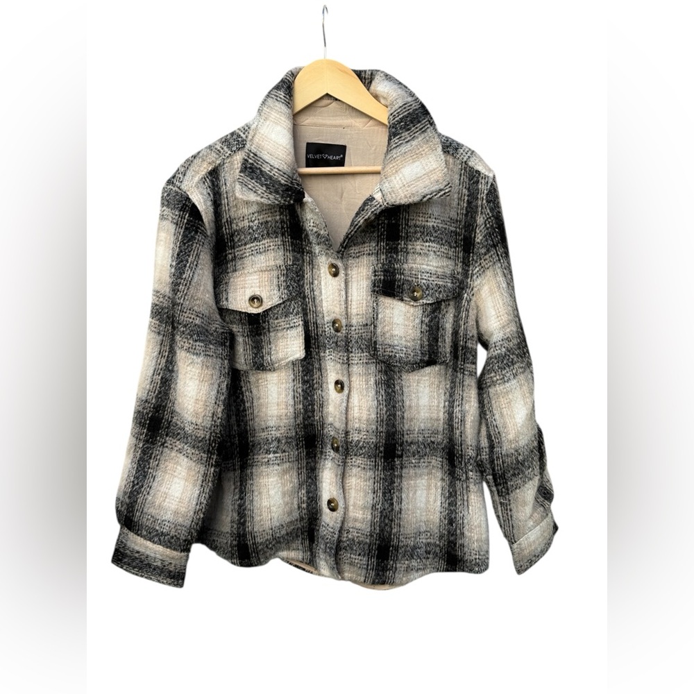 Velvet Heart Plaid Wool Blend Shacket Small Cozy Neutral Flannel Jacket